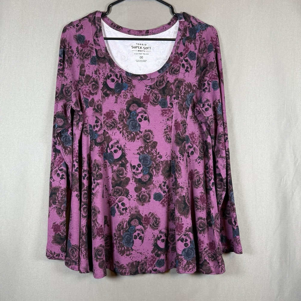 Torrid Super Soft Skull & Roses Fit & Flare Long Sleeve Top Punk Goth M/L